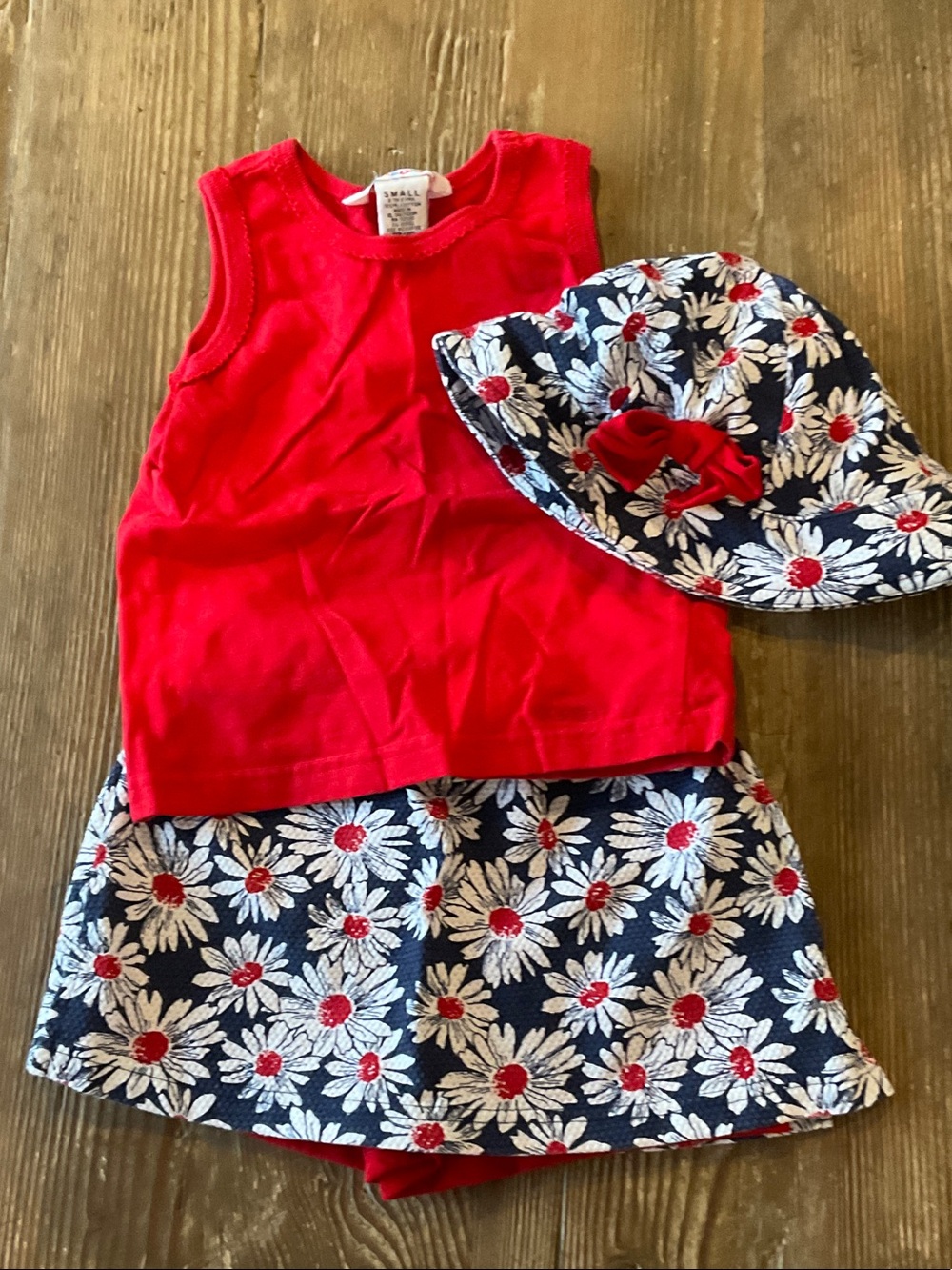 Gymboree Red Tank with Navy Daisy Skirt & Hat Set